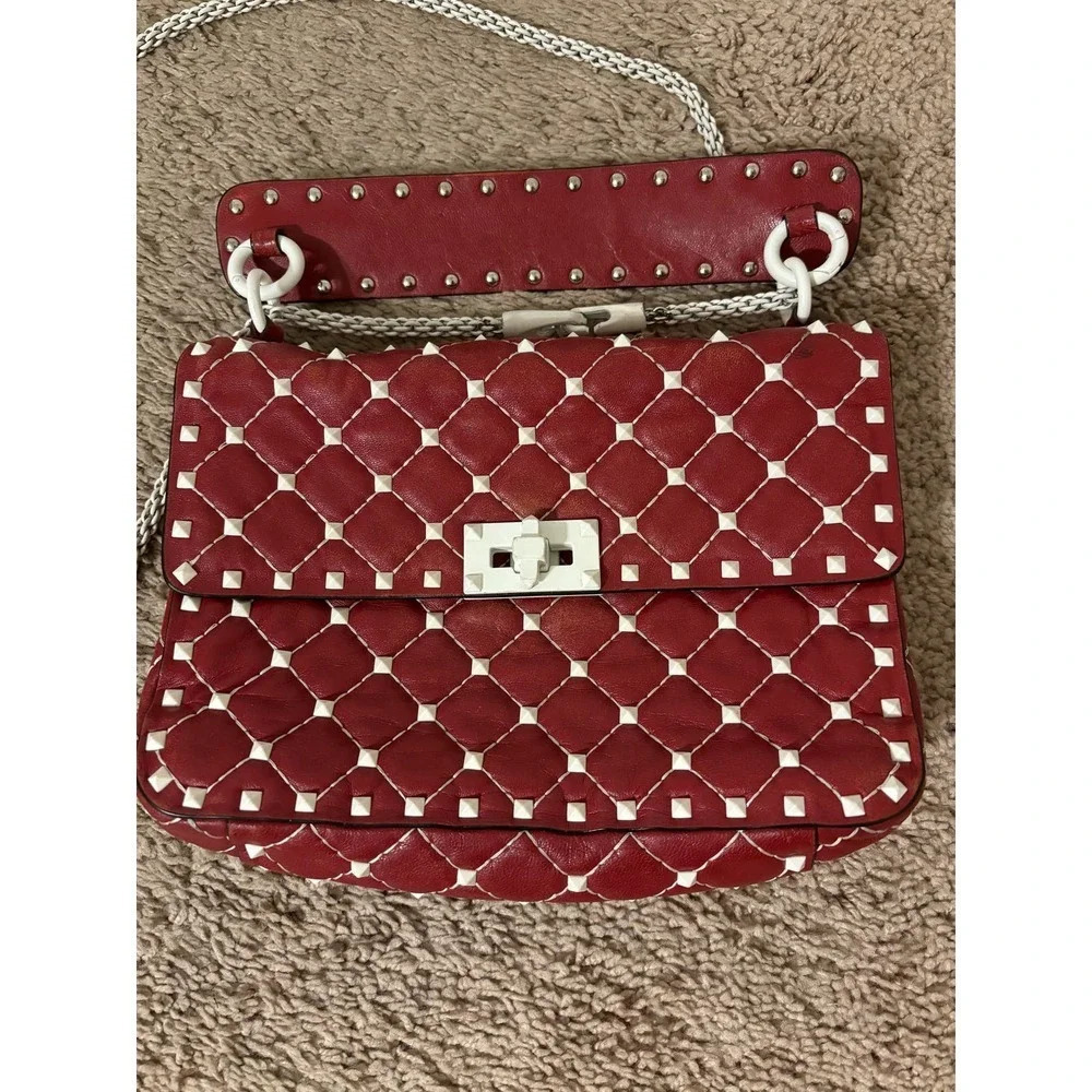 Valentino Rockstud Spike Red White Quilted Handle Shoulder chain Bag.